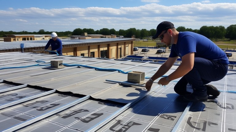 Membrane laid and detailed across a roof deck ahead of protection layers.