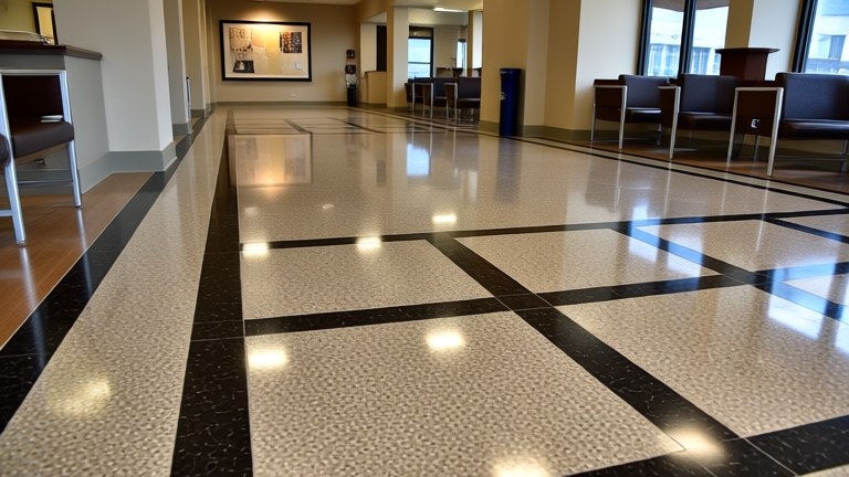 Polished terrazzo circulation floor with inlaid divider detailing.
