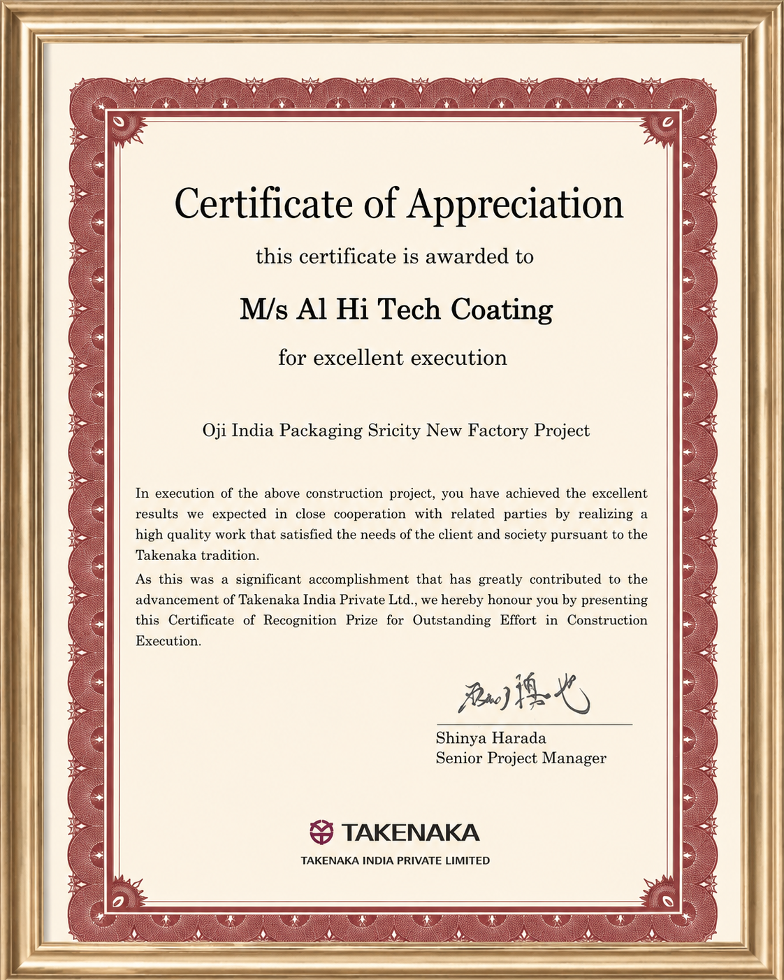 Certificate of Appreciation — Takenaka India