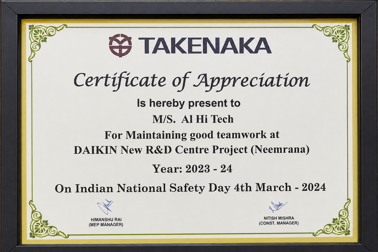 Certificate of Appreciation — Takenaka